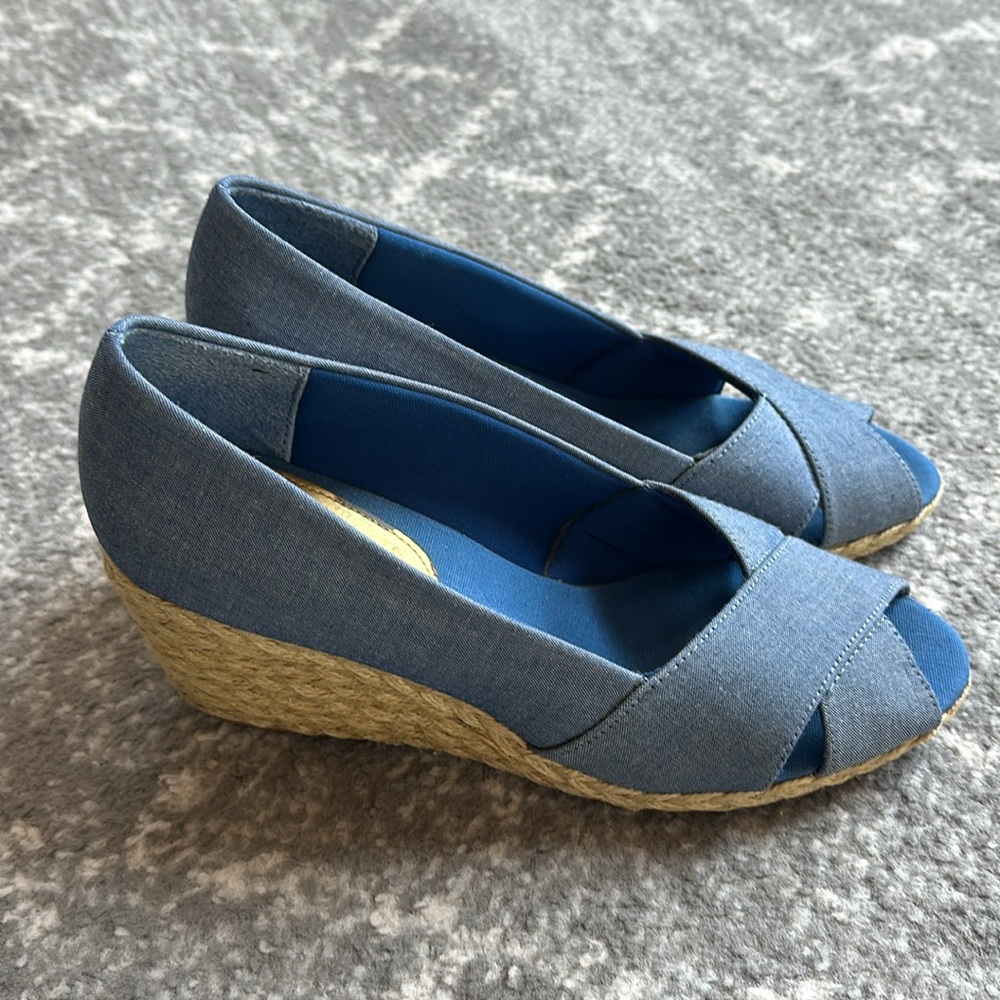 Chaps 💚 Blue and Tan Wedge Espadrilles - Picture 7 of 13